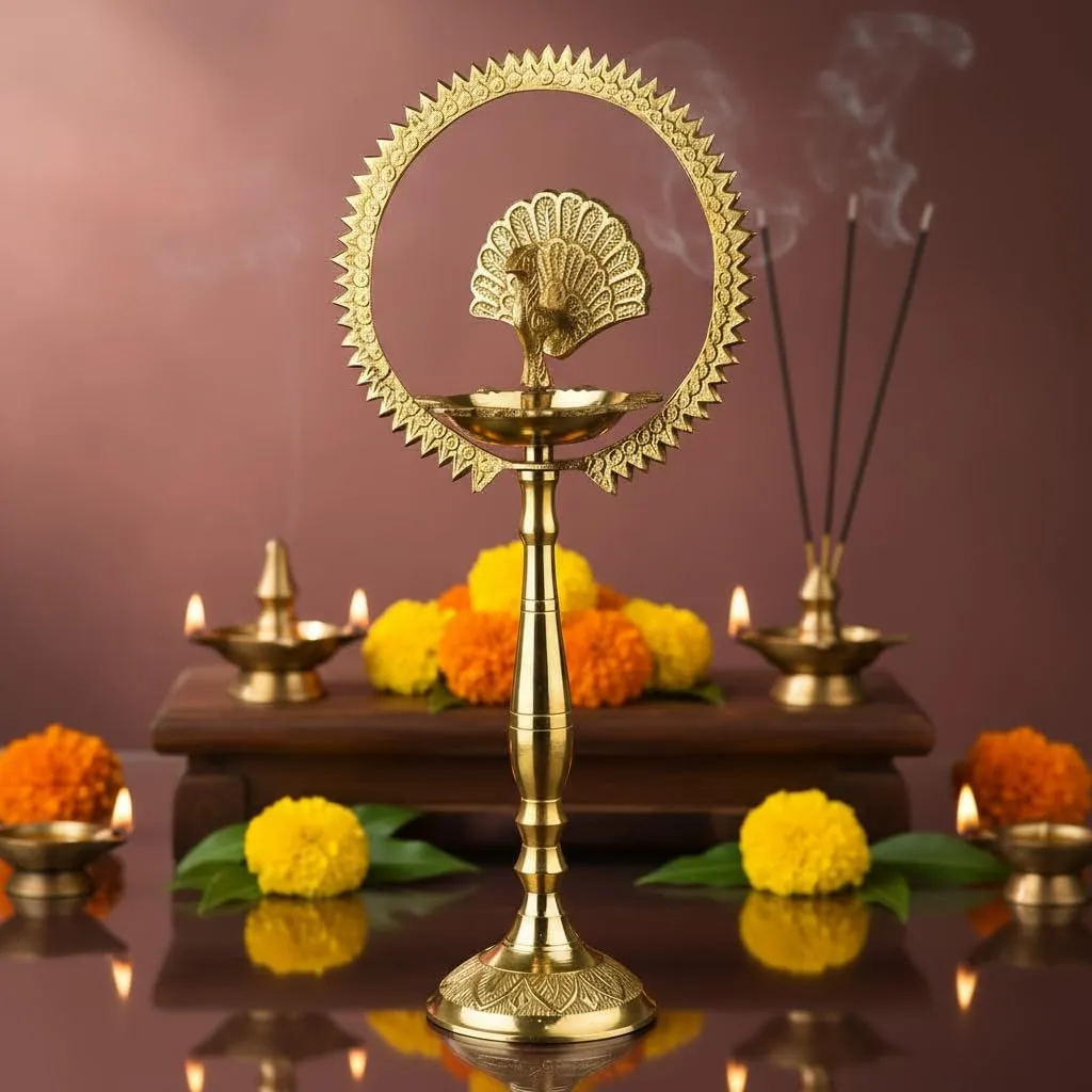 Brass Peacock Diya Kerala Samai Kuthu Vilakku for Inaugurations, Weight 380 Grams